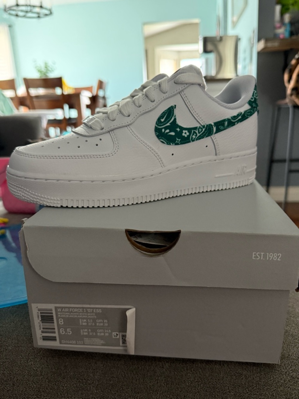 Nike White Air Force 1 with Green Bandana Swoosh